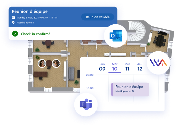 Cartographie dynamique intégrée dans Teams et Outlook avec check-in actif.